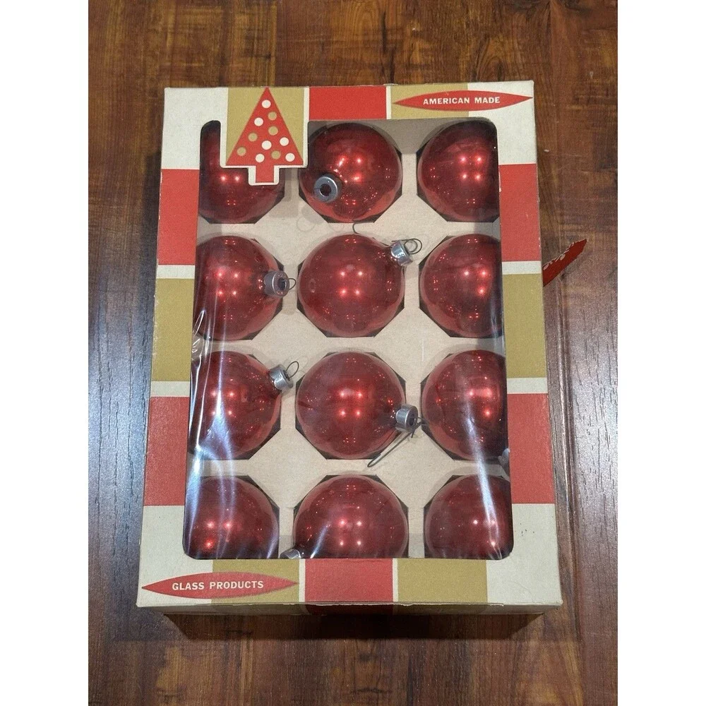 Lot of (36) Vintage Coby Glass Red 2-1/4” Round Christmas Tree Ornaments in Box